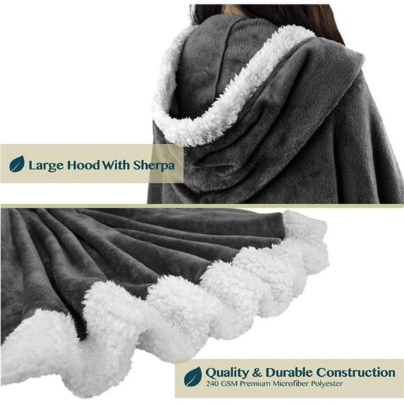 Wearable Blanket for Adult Women,Cozy Plush Fleece Blanket Poncho Cape with Hood - Picture 6 of 7